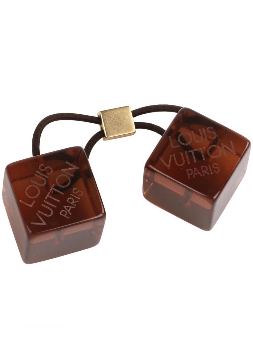 AUTH Louis Vuitton Engraved Logo Brown Lucite Resin Cube Bauble Hair Tie Elastic